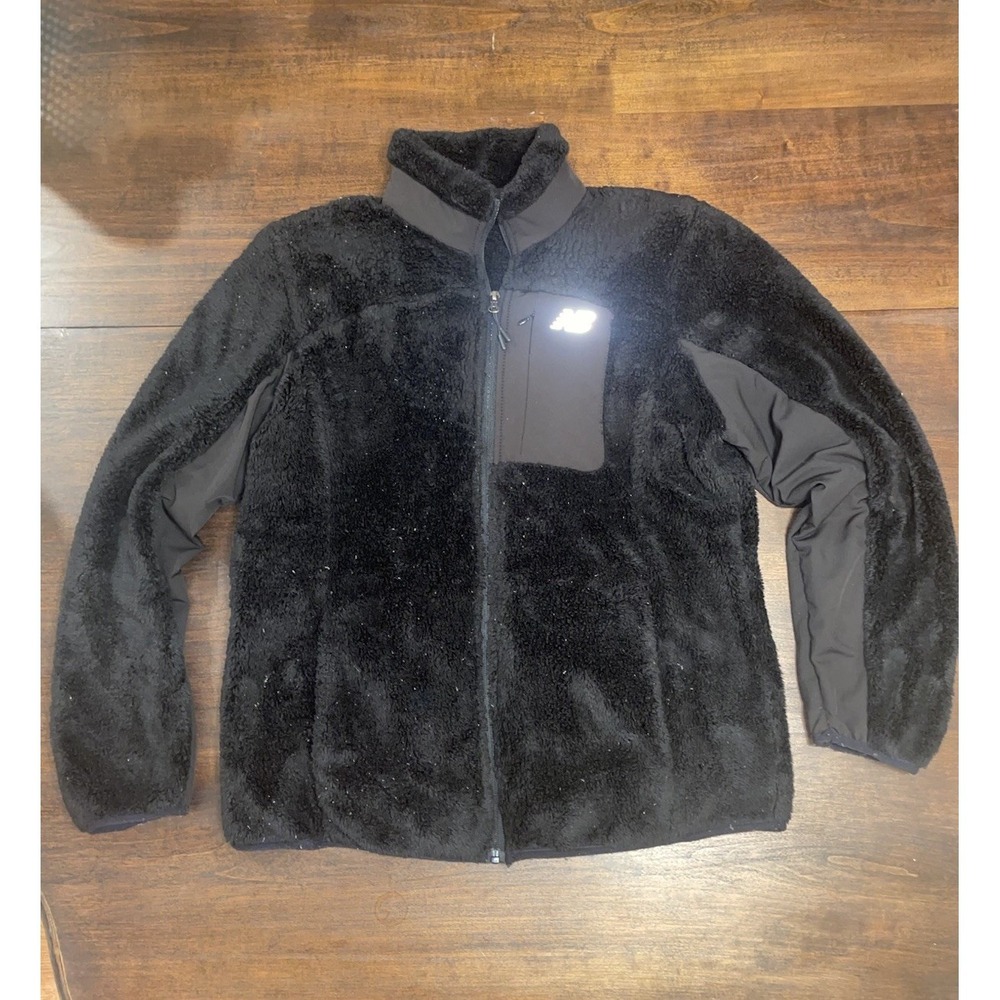New Balance Womens Fleece Jacket Sherpa Black Zip Front Pockets Medium